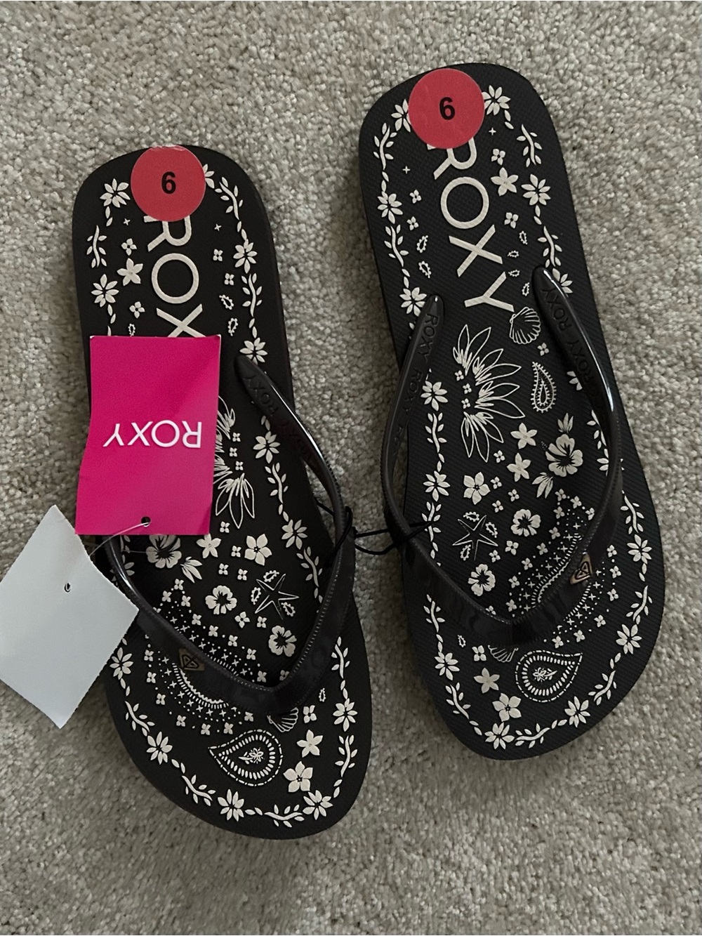 Roxy Brown Floral Print Flip Flops with White Accents